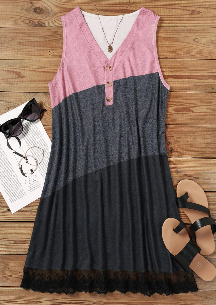 Mini Dresses Color Block Lace Splicing Button Sleeveless Mini Dress in Multicolor. Size: L,M,,XL
Mini Dresses Color Block Lace Splicing Button Sleeveless Mini Dress in Multicolor. Size: L,M,,XL
