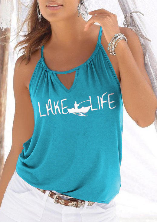 

Tank Tops Lake Life Fishing Boat Ruffled Hollow Out Camisole in Blue. Size: L,M,,XL