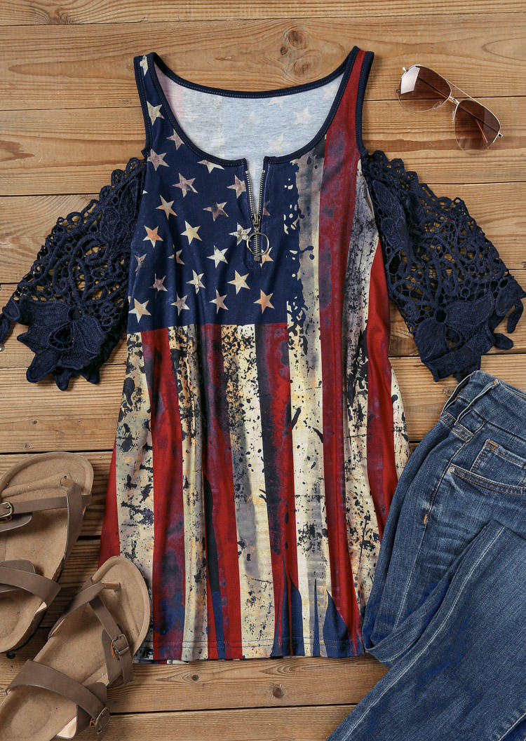 Blouses American Flag Star Striped Lace Cold Shoulder Blouse in Blue. Size 
Blouses American Flag Star Striped Lace Cold Shoulder Blouse in Blue. Size