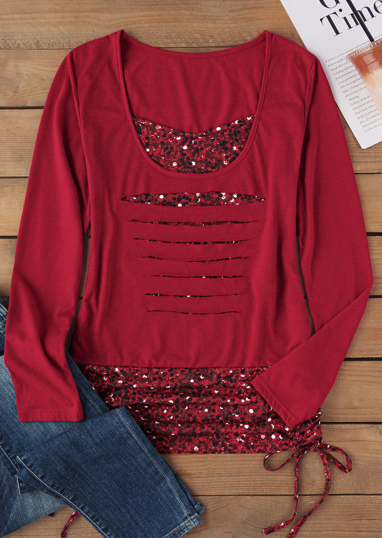 Blouses Glitter Drawstring Hollow Out Fake Two-Piece Blouse - Burgundy in Red. Size: L,M,,XL
Blouses Glitter Drawstring Hollow Out Fake Two-Piece Blouse - Burgundy in Red. Size: L,M,,XL