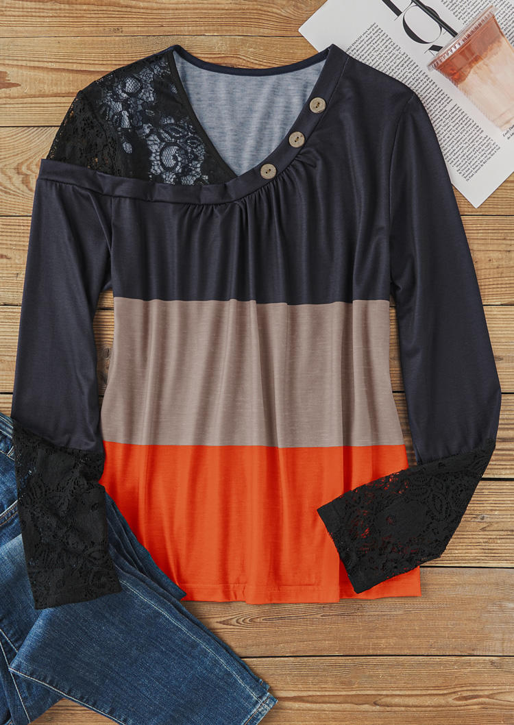 Blouses Color Block Lace Ruffled Button Long Sleeve Blouse in Multicolor. Size: L,M,,XL
Blouses Color Block Lace Ruffled Button Long Sleeve Blouse in Multicolor. Size: L,M,,XL