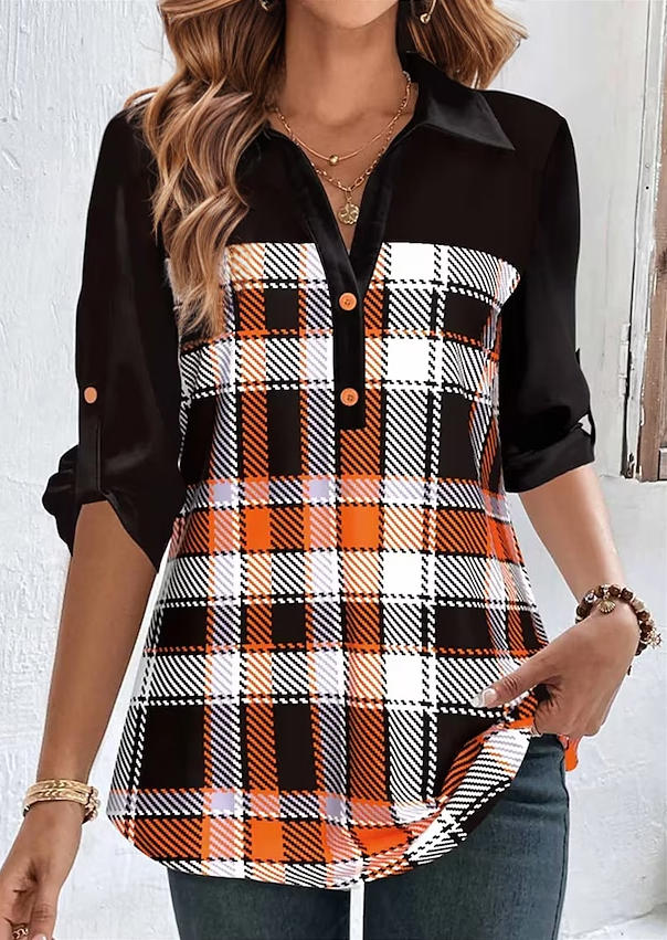 Blouses Autumn Plaid Turn-Down Collar Tab-Sleeve Blouse in Multicolor. Size: L,M,,XL
Blouses Autumn Plaid Turn-Down Collar Tab-Sleeve Blouse in Multicolor. Size: L,M,,XL