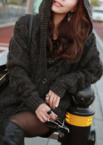 

Cable-Knit Hooded Cardigan, Black;gray, 53200