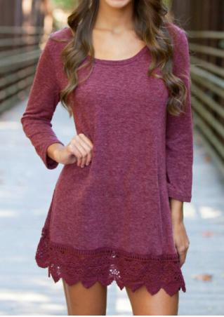 Lace Solid Casual Long Sleeve Mini Dress