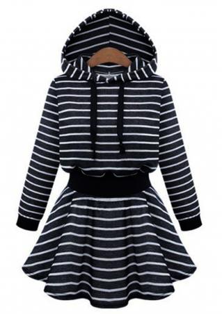 Striped Hooded Loose Pleated Mini Dress