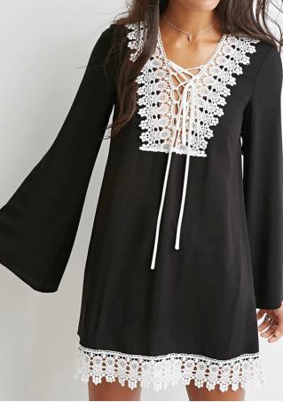Lace Splicing Cross String Flare Sleeve Blouse