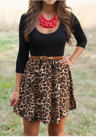 Leopard Splicing Casual Dress With Belt Without Necklace