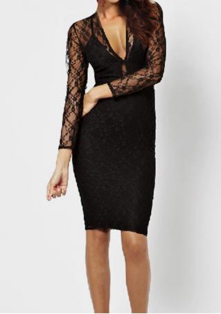 Solid Lace Hollow Out Deep V-Neck Bodycon Dress