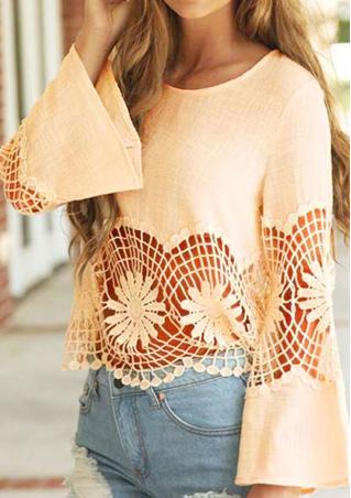 Solid Lace Hollow Out Flare Sleeve Blouse