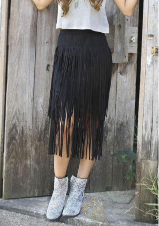 Solid Suede Tassel Zipper Bodycon Casual Skirt