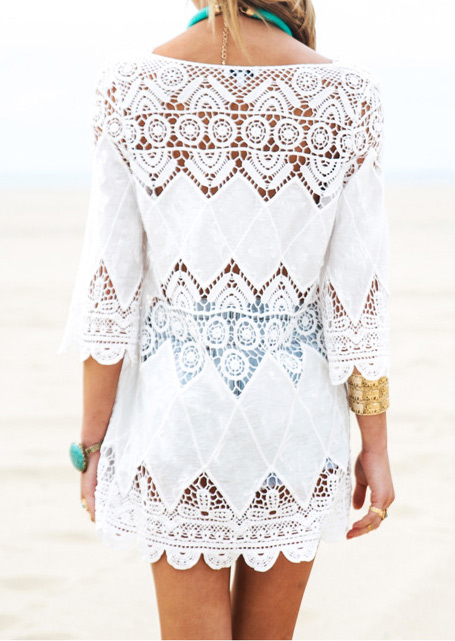 White Lace Hollow Out Beach Cover Up - Fairyseason