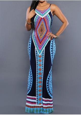 Geometric Printed Backless Maxi Strap Dress