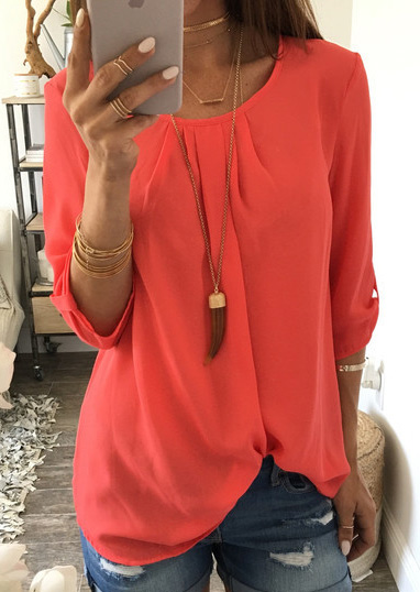

Solid O-Neck Fashion Blouse Without Necklace, Orange;navy blue, 76900
