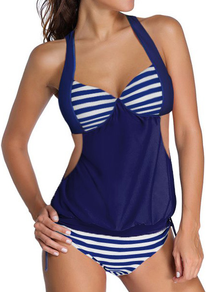 

Striped Splicing Halter Sexy Tankini, Black;blue;navy blue, 78600