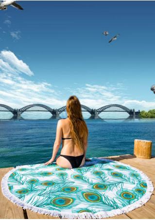 Peacock Feather Printed Round Beach Blanket