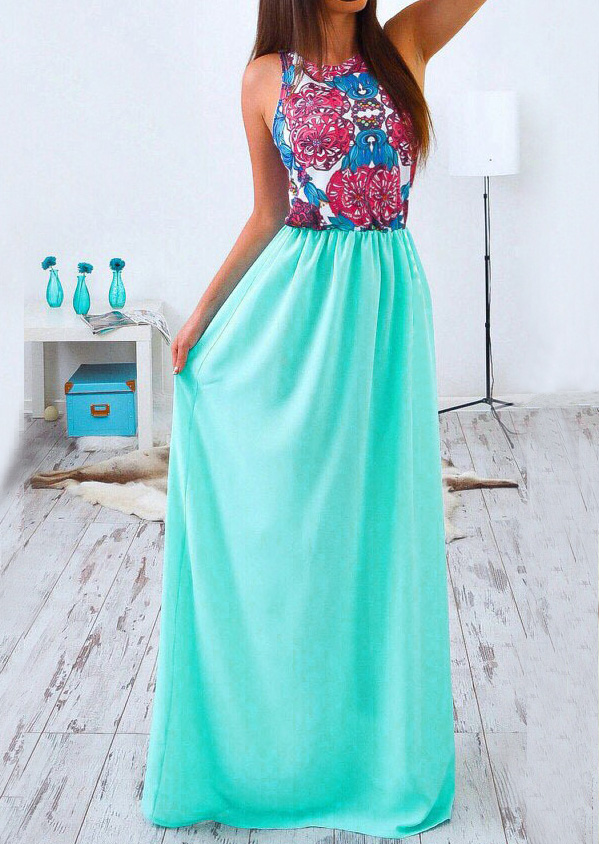 Multicolor Printed Splicing Casual Maxi Dress - Fairyseason