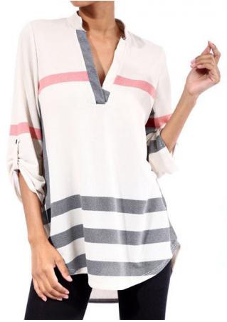 Printed V-Neck Tab-Sleeve Casual Blouse