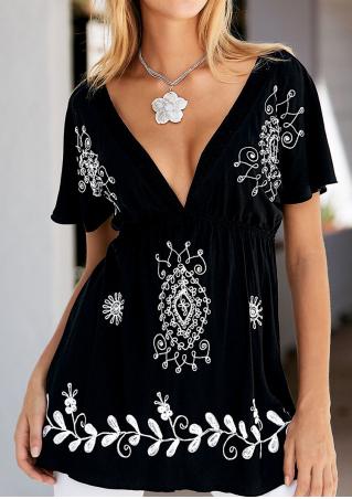 Printed Deep V-Neck Sexy Blouse Without Necklace