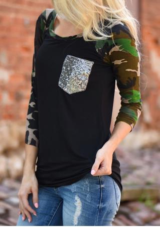 Sequined Camouflage Splicing T-Shirt