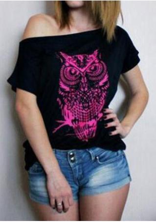 Owl Printed Slash Neck Casual T-Shirt