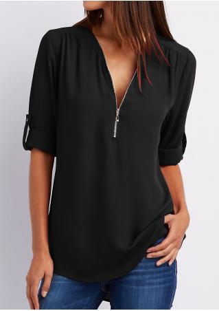 Solid Front Zipper Tab-Sleeve Blouse