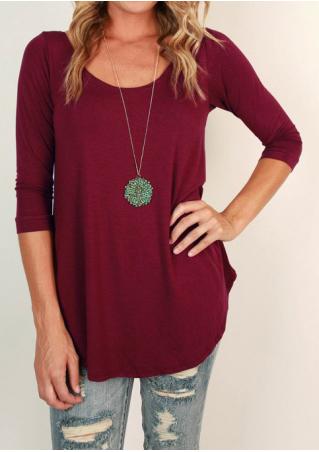 Solid Three Quarter Sleeve T-Shirt Without Necklace