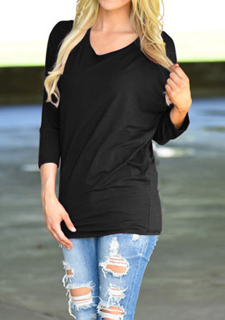 Solid Batwing Sleeve V-Neck T-Shirt