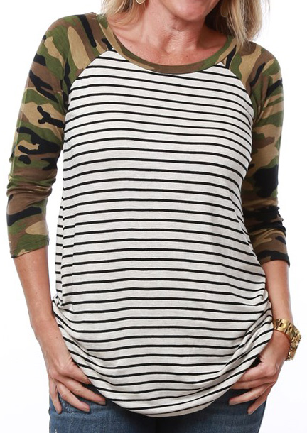 

Striped Camouflage Printed Splicing T-Shirt, White;stripe, 87391