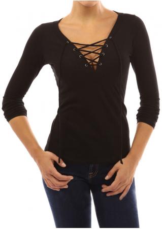 Solid Lace Up Long Sleeve T-Shirt