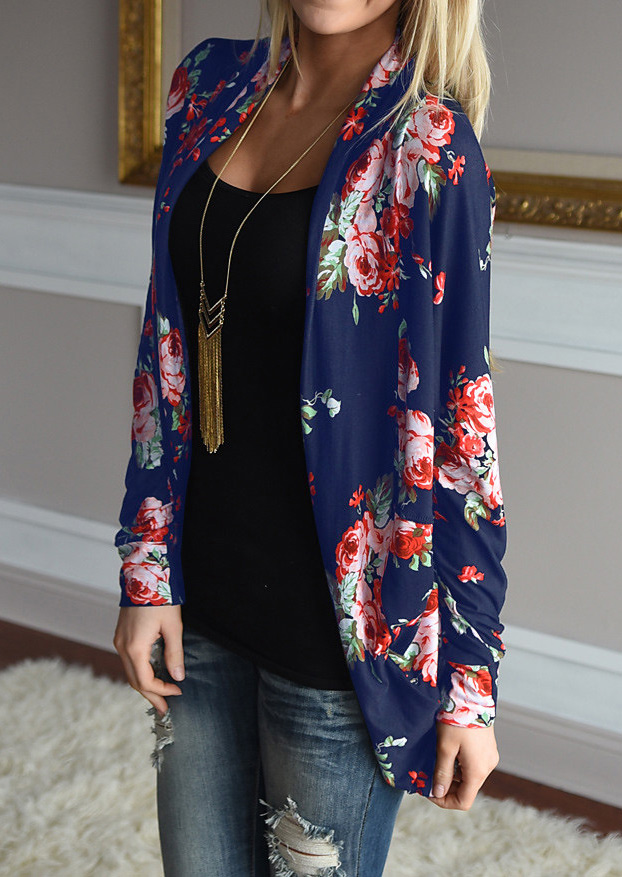 

Floral Cardigan Without Necklace, Green;navy blue, 89287