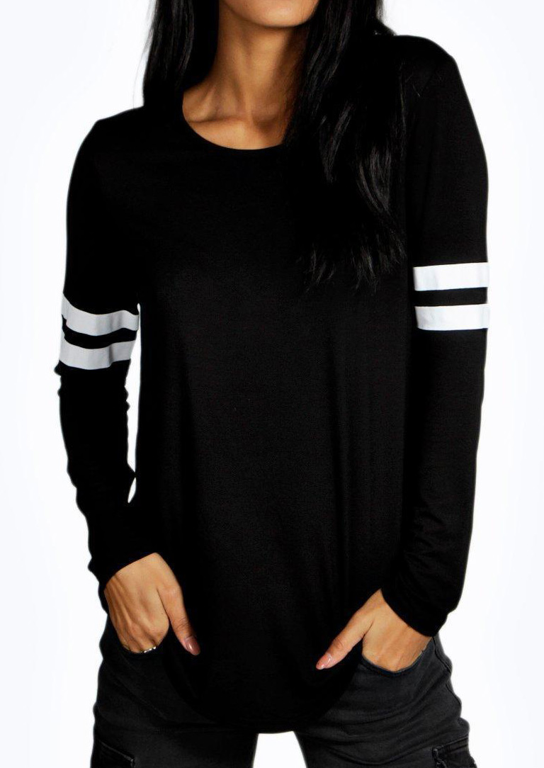 

Striped Detail Casual T-Shirt, Black;white;gray, 90613