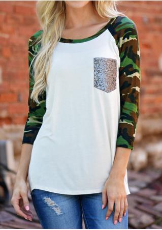Sequined Camouflage Splicing Pocket T-Shirt