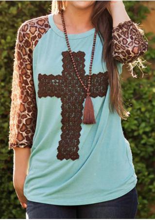 Leopard Splicing Crochet Cross T-Shirt Without Necklace