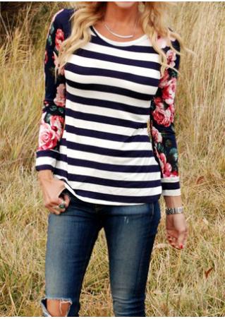 Floral Striped Printed Splicing T-Shirt Without Necklace
