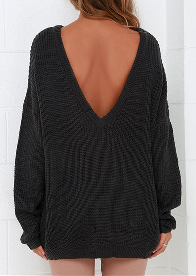 Solid Backless Long Sleeve Loose Sweater - Fairyseason