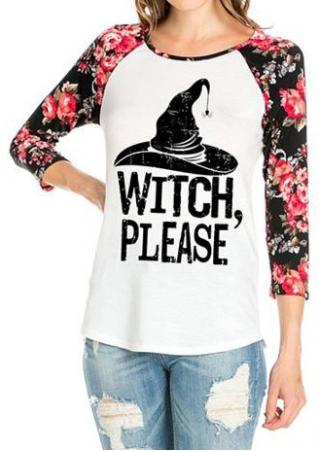 Halloween Witches Hat Printed Floral Splicing T-Shirt