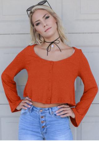 Solid Knitted Button Long Sleeve Crop Top Without Necklace