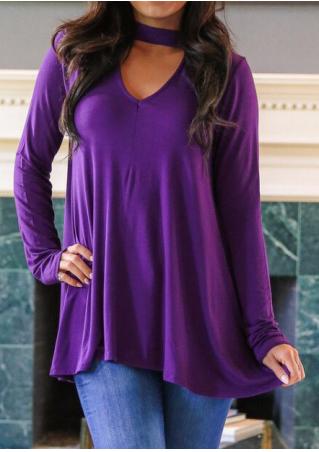 Solid V-Neck Long Sleeve Loose Blouse With Choker Plunge