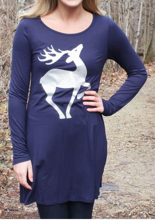 Christmas Reindeer Printed Long Sleeve Dress
