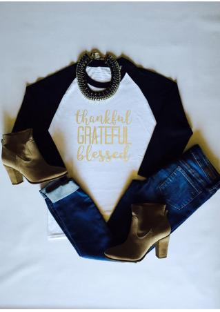 Thankful Letter Printed Splicing O-Neck T-Shirt