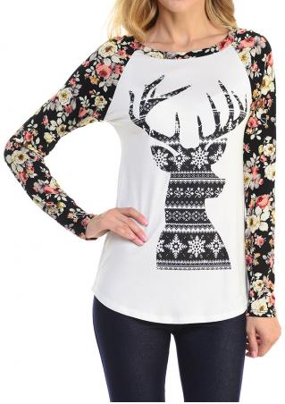 Christmas Reindeer Printed Floral Splicing T-Shirt