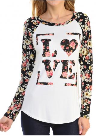 LOVE Printed Floral Splicing Long Sleeve T-Shirt