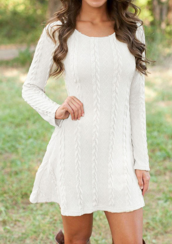 

Solid Long Sleeve Knitted Mini Dress, 56812, White;blue