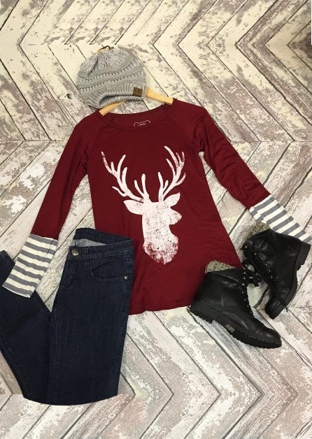 

Christmas Reindeer Striped Splicing T-Shirt, 93324, Burgundy