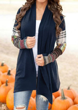 

Splicing Printed Long Sleeve Cardigan, Black;navy blue, 93595