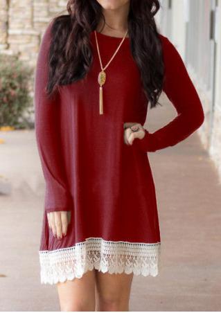 Lace Splicing Long Sleeve Dress Without Necklace