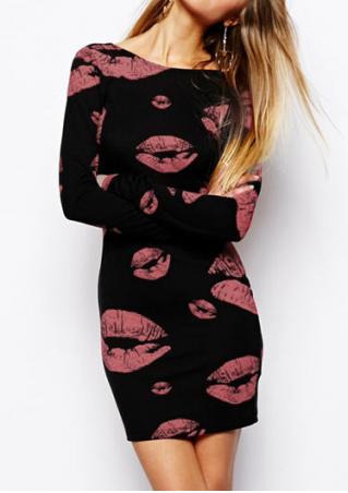 Lips Printed Long Sleeve Bodycon Dress