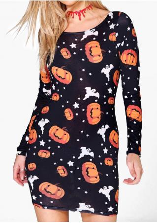 Halloween Pumpkin Printed Casual Dress Without Necklace