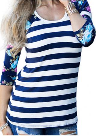 Striped Floral Splicing O-Neck T-Shirt