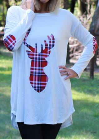 Christmas Reindeer Printed Elbow Patch Blouse